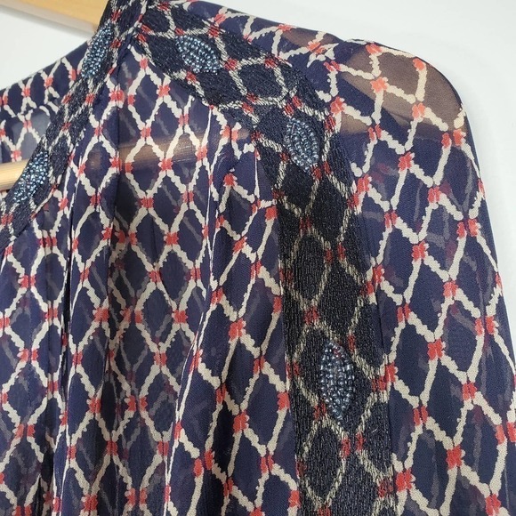 Lucky Brand Diamond Pattern Peasant Top Beaded Navy Red White Size XS - Picture 3 of 11
